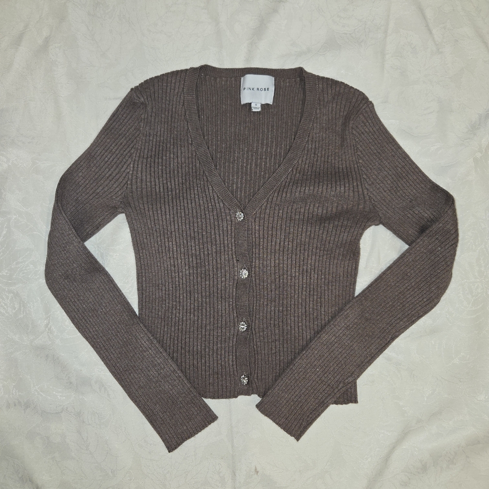 Pink Rose Brown Ribbed Cardigan Sweater